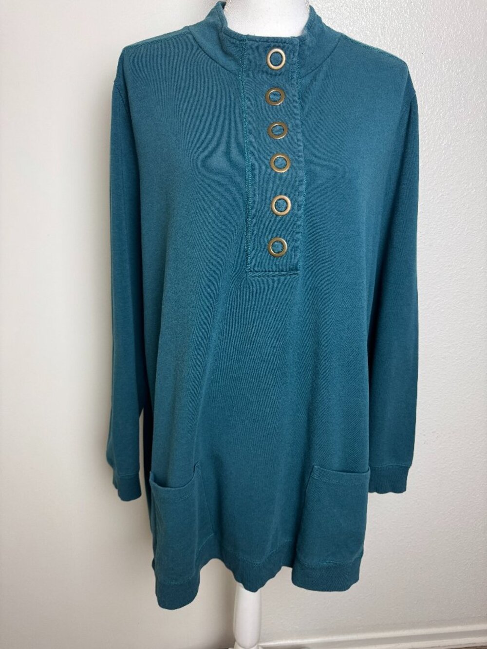 Soft Surroundings Teal Tunic Top XL Button Front Long Sleeve Pockets